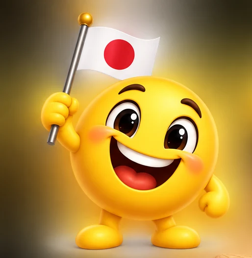 Happy yellow mascot holding a small Japanese flag, one of the Japan edition concepts