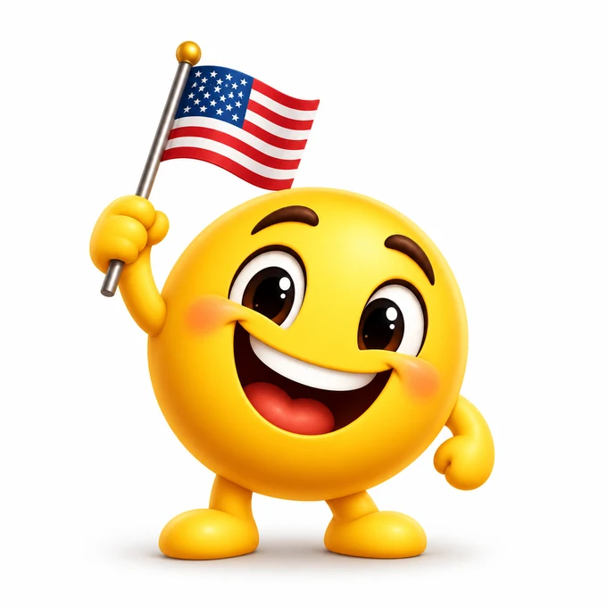 Yellow 3D Smile Map mascot waving a small United States flag